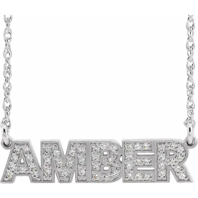 14K White Natural Diamond Single Name Nameplate 18&quot; Necklace