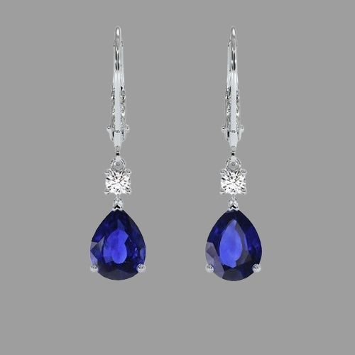 Blue Sapphire Earrings - Pear 3.82 Ct. - 14K White Gold