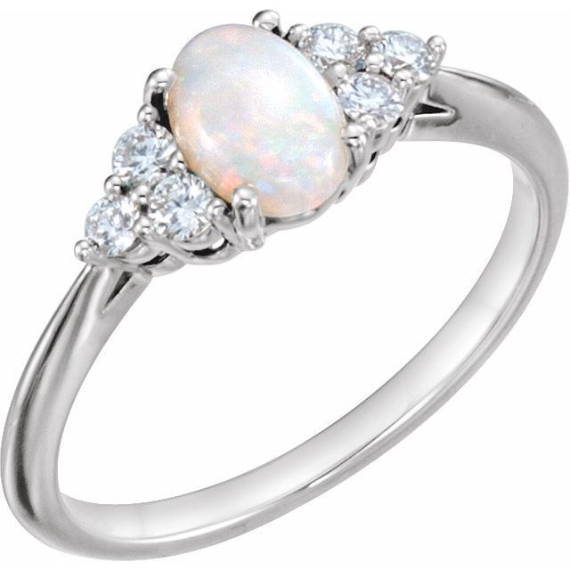 14K White Natural Opal &amp; 1/5 CTW Natural Diamond Ring