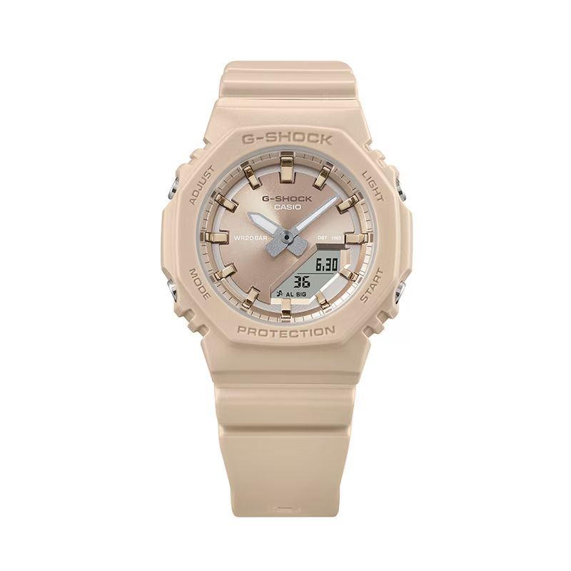 Ladies&#39; Casio G-Shock Analog Digital Taupe Resin Strap Watch with Gold-Tone Dial (Model: GMAP2100ST9A)