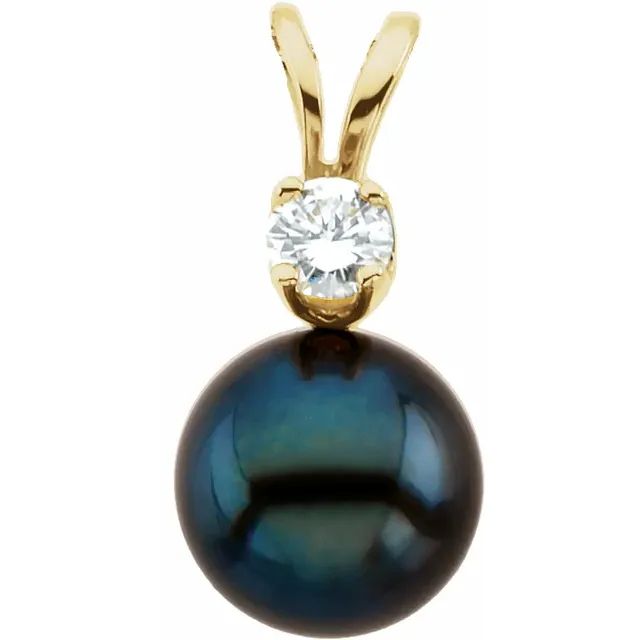 14K Yellow 3mm Black Akoya Cultured Pearl &amp; Diamond Pendant