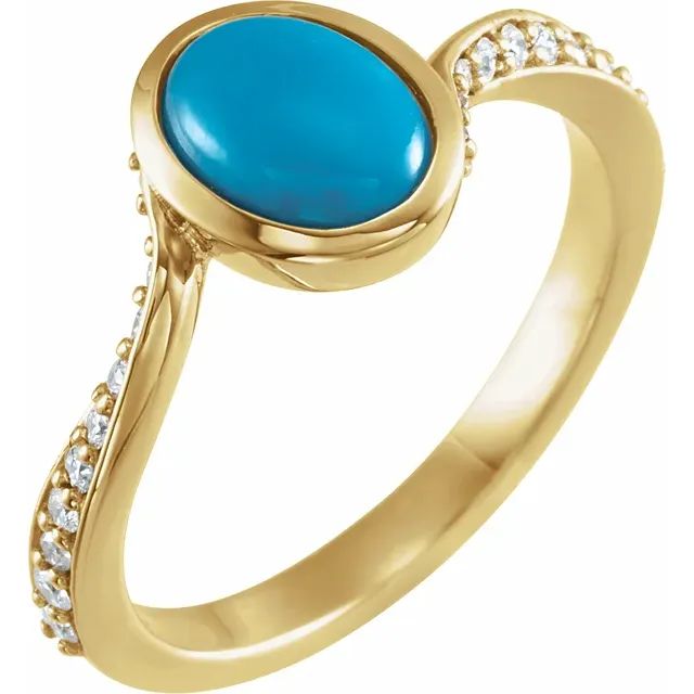 14K Yellow Natural Turquoise Cabochon &amp; 1/5 CTW Natural Diamond Ring