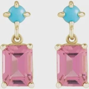 14K Yellow Natural Pink Tourmaline &amp; Natural Turquoise Earrings, standered treatment on stones