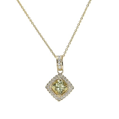 Greenish Yellow Sapphire Pendant - Cushion 1.65 Ct. - 14K Yellow Gold  is accented by twenty four F color diamond rounds totaling 0.20 carats