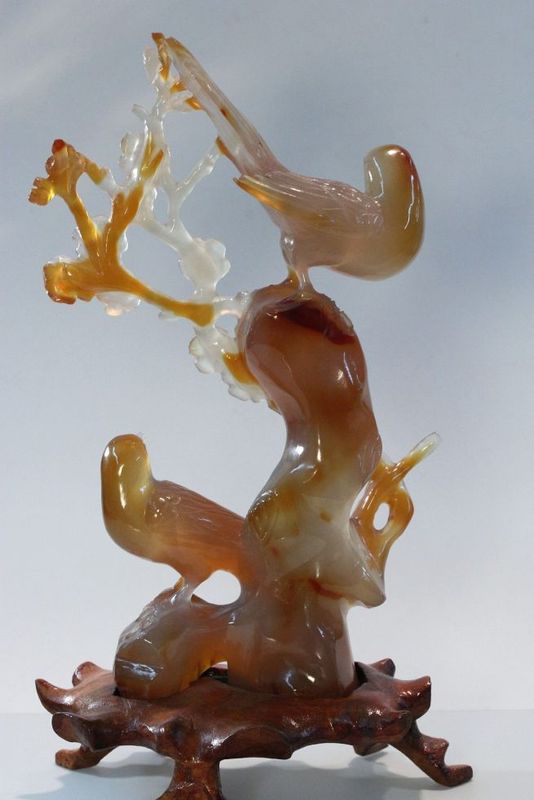 Agate Carving - Birds on Flowers