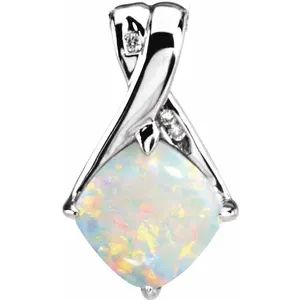 14K White Natural Opal &amp; .025 CTW Natural Diamond Pendant