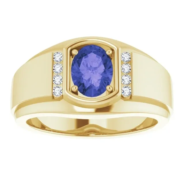 14K Yellow Gold  Iolite AA 8 x 6 mm Oval Mens Ring with diamond accents  8 G+ VS diamonds 1.6 mm round