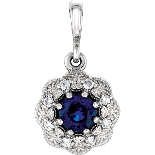 14K White Blue Sapphire &amp; .06CTW Dia Pendant