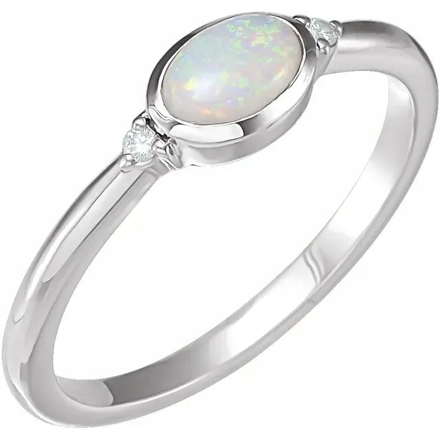 Sterling Silver Natural White Opal &amp; .03 CTW Natural Diamond Ring