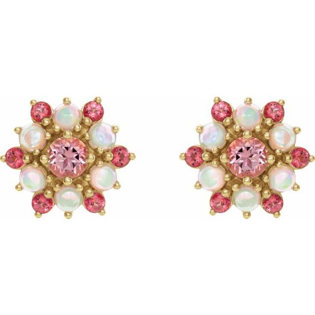 14K Yellow Natural Pink Tourmaline &amp; Natural Ethiopian Opal Cabochon Earrings