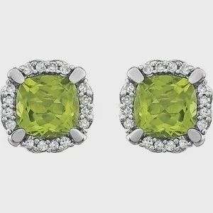 14K White Natural Peridot &amp; 1/10 CTW Natural Diamond Earrings