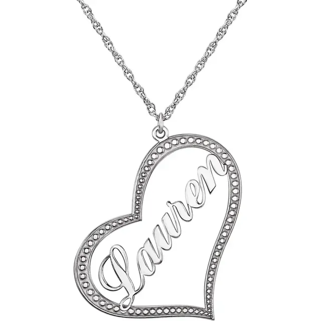 14K White Script Single Name Heart 18&quot; Necklace