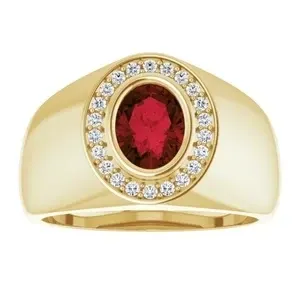 14k Yellow gold 8x6 mm Oval Garnet Men&#39;s Ring with diamond accents
