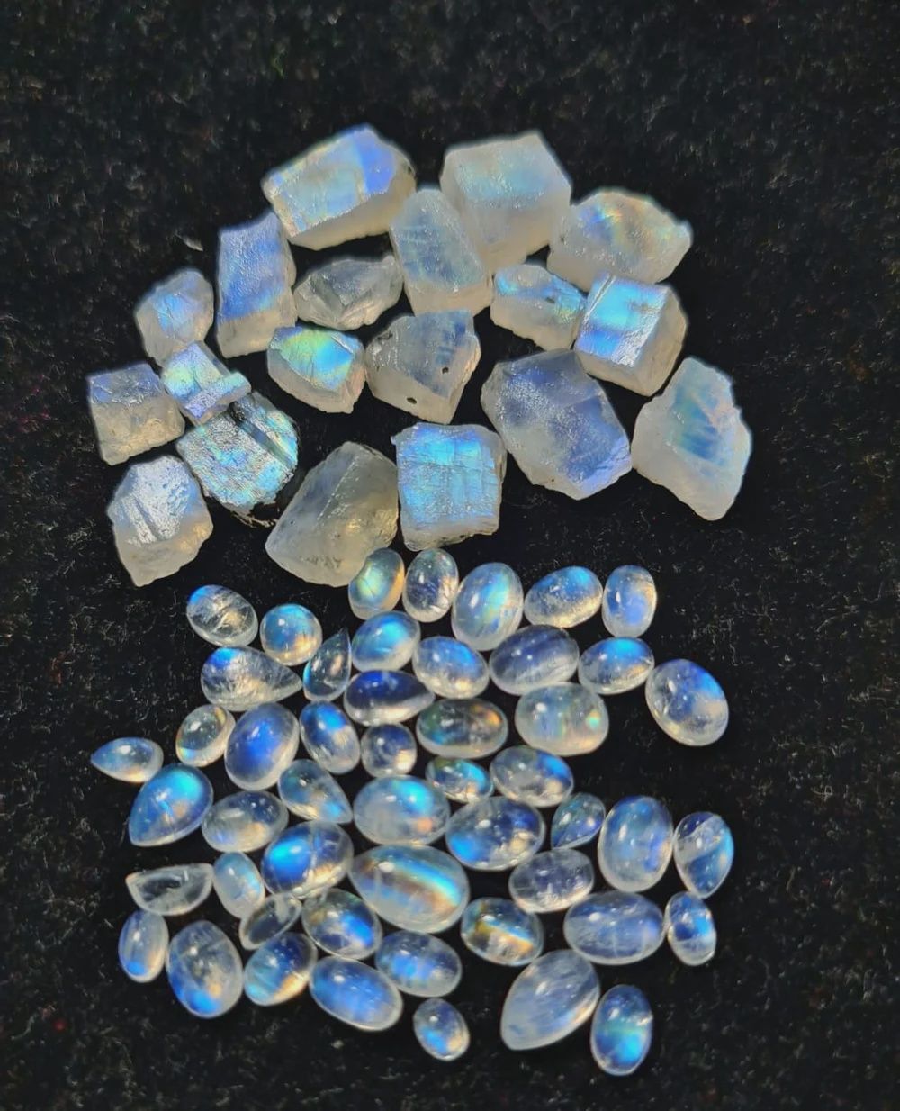 Bundle of 50 Pcs of Rainbow Moonstone Rough and Cabochons
