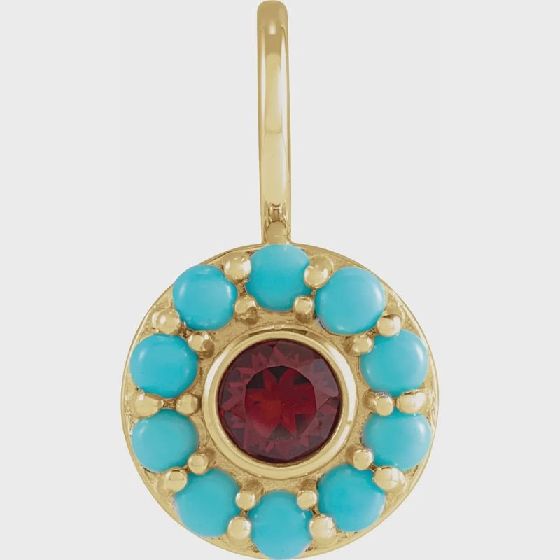 14K Yellow Natural Mozambique Garnet 4 mm round &amp; Natural Turquoise 2 mm cabochon Halo-Style Charm/Pendant
