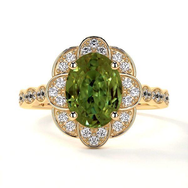 14k Yellow Art Deco Scalloped Halo Ring with Alexandrite and Round Diamonds (0.38cttw)