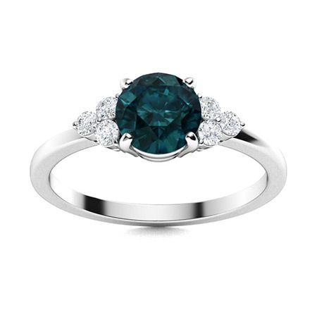 Teal Blue Diamond and Diamond Sidestone Ring in 14k White Gold* this item is made to order