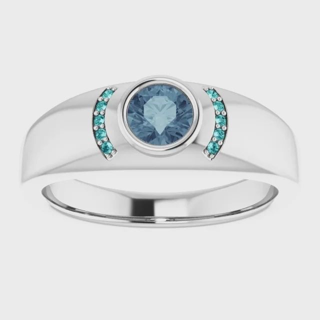 Mens 14k White AA 5mm round Grey Spinel No treatment with 10 1mm round Teal diamond accents GH Color SI