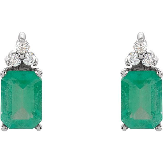 14K White Natural Emerald &amp; 1/8 CTW Natural Diamond Earrings