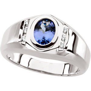 Mens 14K White Tanzanite &amp; 1/8 CTW Diamond Ring