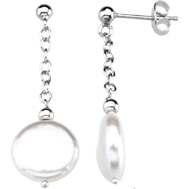 Sterling Silver 12-13 mm Freshwater Cultured Coin Pearl Earrings