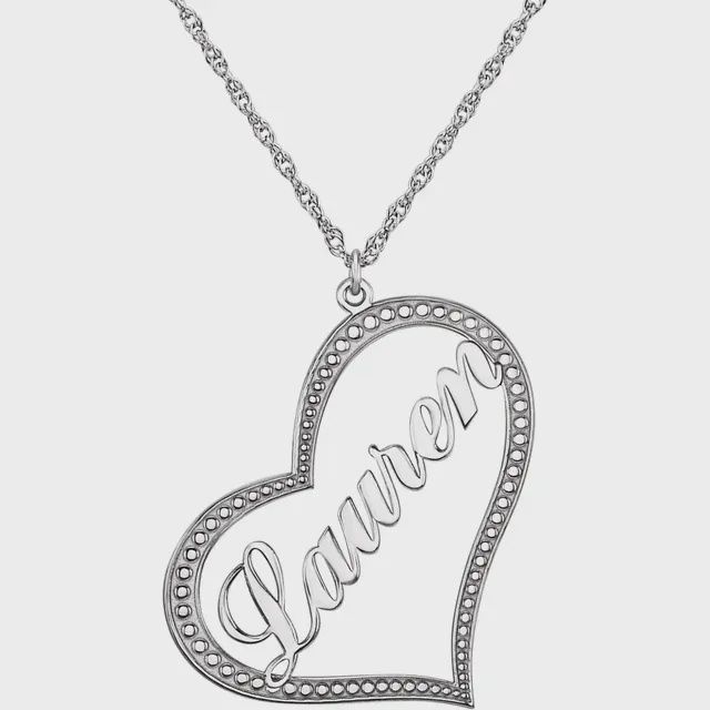 14K White Script Single Name Heart 18&quot; Necklace