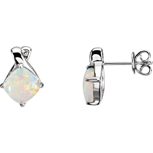 14K White Opal &amp; .02 CTW Diamond Earrings