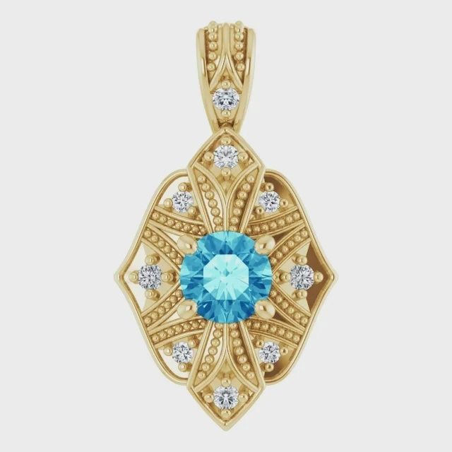 14K Yellow 4.1 mm Round Blue Zircon Pendant with diamond accents ( 8 G+ VS diamonds varying sizes and one 1.2 round diamond G+ VS