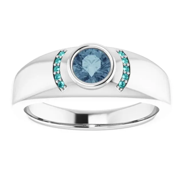 Mens  14k White AA 5mm round Grey Spinel No treatment   with 10 1mm round  Teal diamond accents GH Color SI