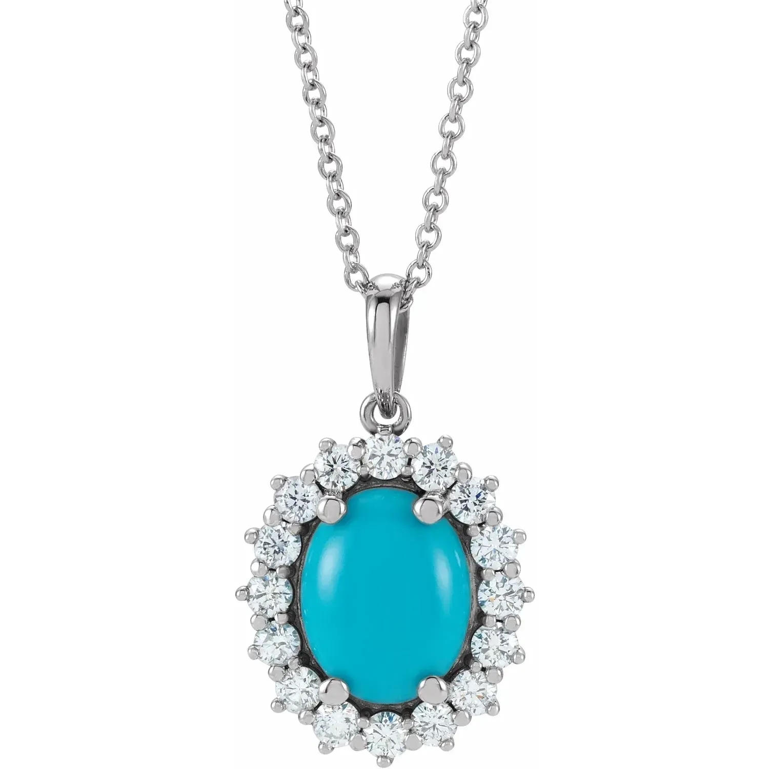 14K White 8 x6 mm Oval Natural Turquoise &amp; 1/3 CTW Natural Diamond Halo-Style 16-18" Necklace