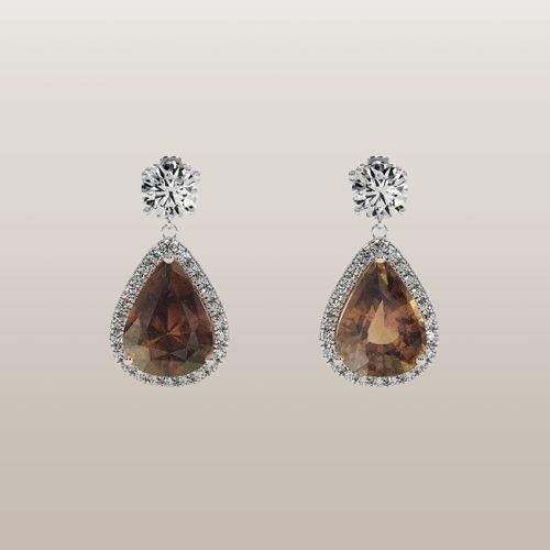 Brown Sapphire Earrings - Pear 5.04 Ct. - 14K White Gold