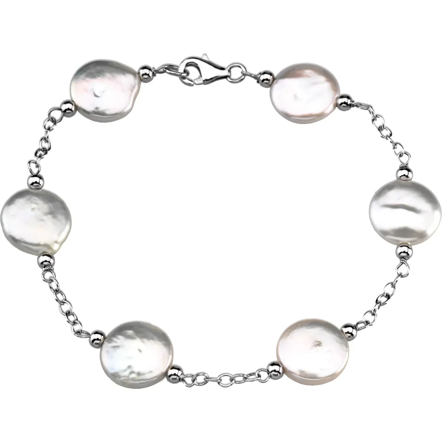 Sterling Silver 12-13 mm Freshwater Cultured White Coin Pearl Station 7.5" Bracelet