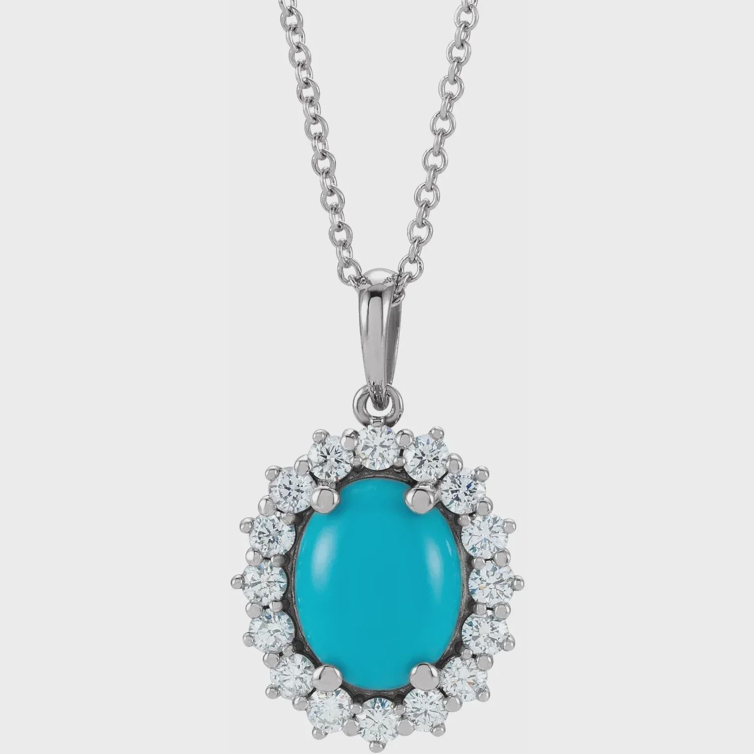 14K White 8 x6 mm Oval Natural Turquoise &amp; 1/3 CTW Natural Diamond Halo-Style 16-18" Necklace