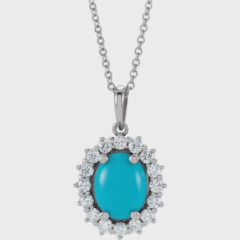 14K White 8 x6 mm Oval Natural Turquoise &amp; 1/3 CTW Natural Diamond Halo-Style 16-18" Necklace