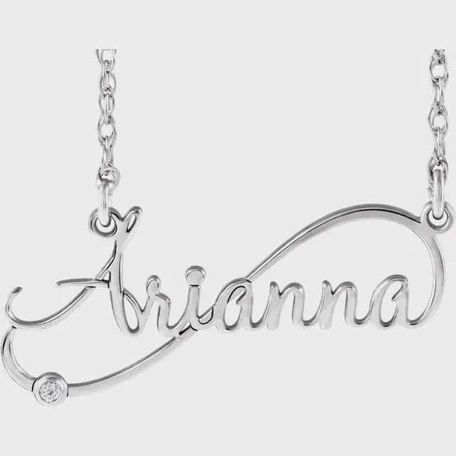 14K White .015 CT Natural Diamond Infinity-Inspired Script Single Name 18" Necklace