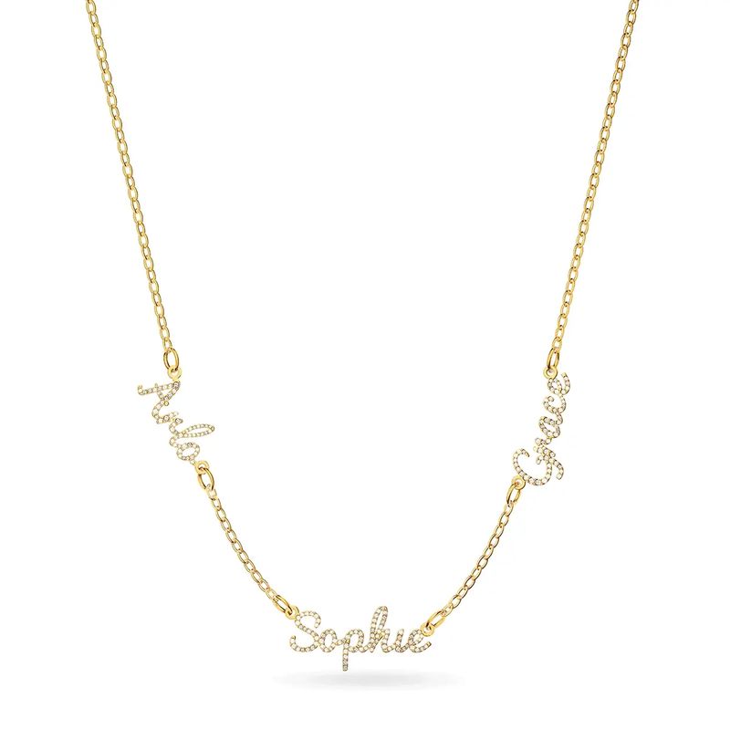 14K Yellow Cursive multi Name 18" Diamond Necklace