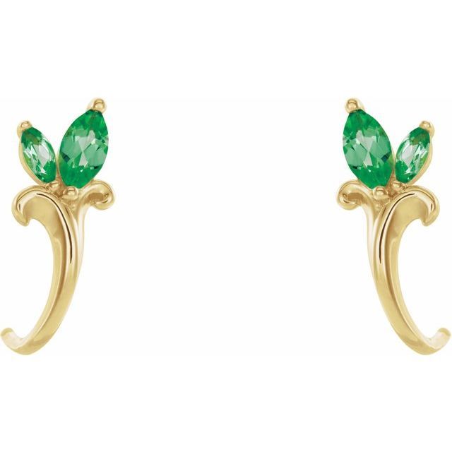 14K Yellow Gold Natural Emerald Floral J-Hoop Earrings