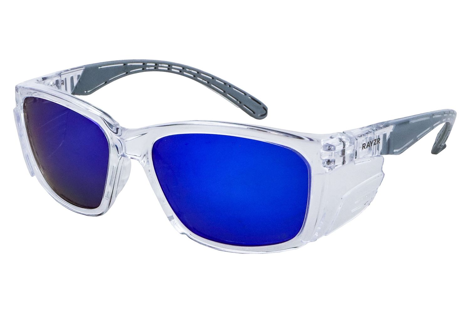 Rayzr Safety Glasses - Clear Frame - Blue Mirror Polarised