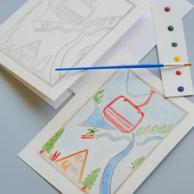 Skier and Hut Watercolor Card Kit