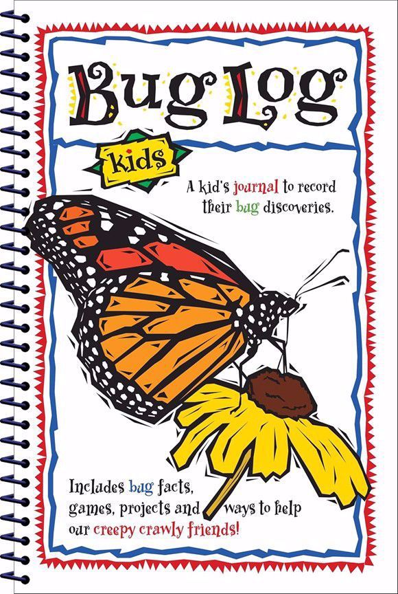 Spiral bound journal cover page 'Bug Log for Kids' with an image of a monarch butterfly sitting on a yellow flower. 