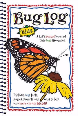 Spiral bound journal cover page 'Bug Log for Kids' with an image of a monarch butterfly sitting on a yellow flower. 