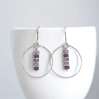 Earrings - Silver Amethyst Hoops