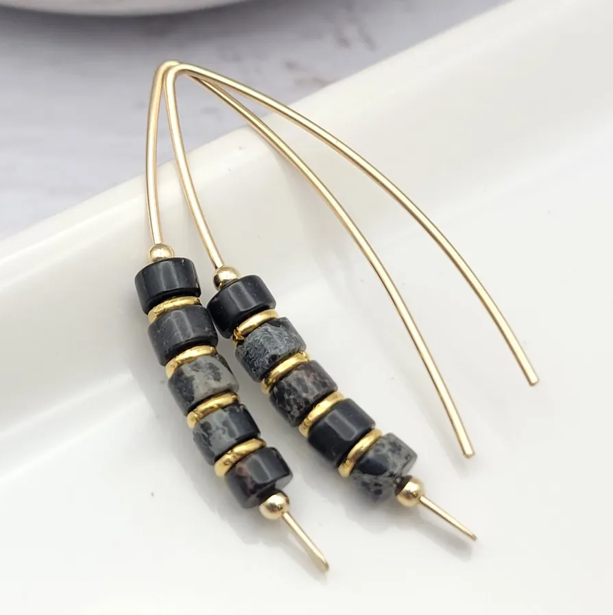 Earrings - Gold Black Jasper Threader