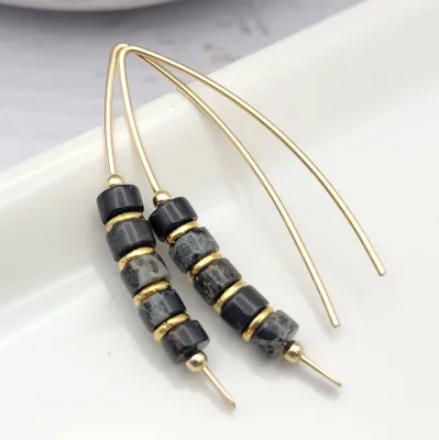 Earrings - Gold Black Jasper Threader