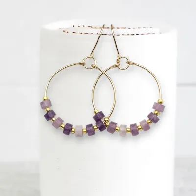 Earrings - Gold Amethyst Hoops