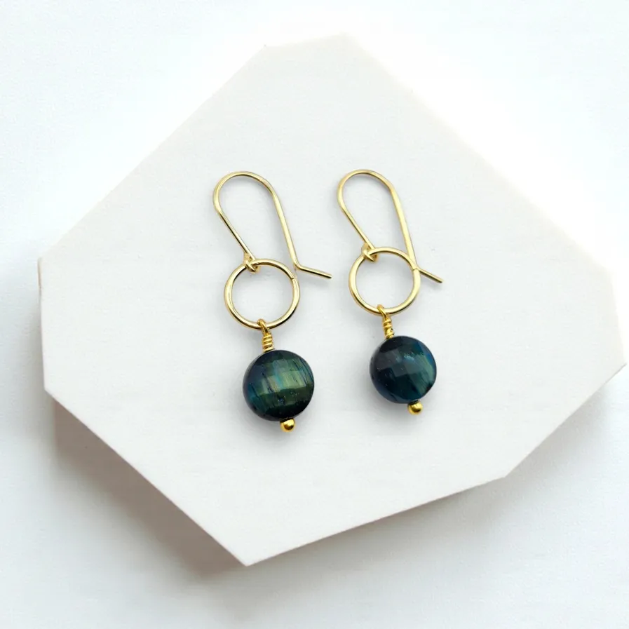 Blue Tigers Eye Gold Earrings