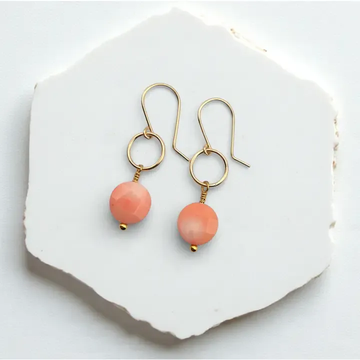 Pink Bamboo Coral Gold Dangle Earrings