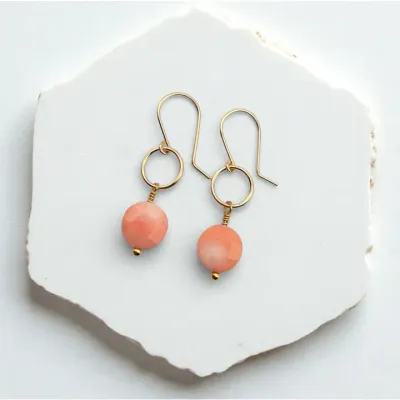 Pink Bamboo Coral Gold Dangle Earrings