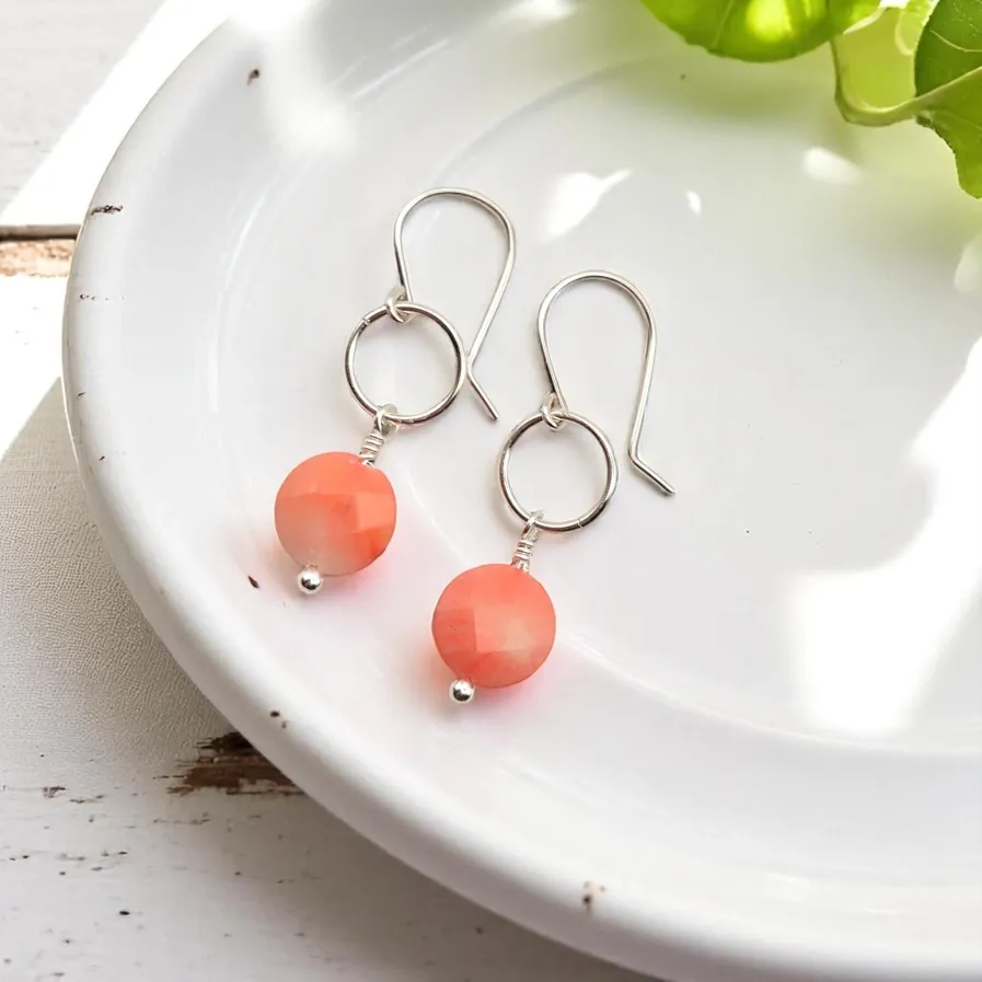 Pink Bamboo Coral Silver Dangle Earrings