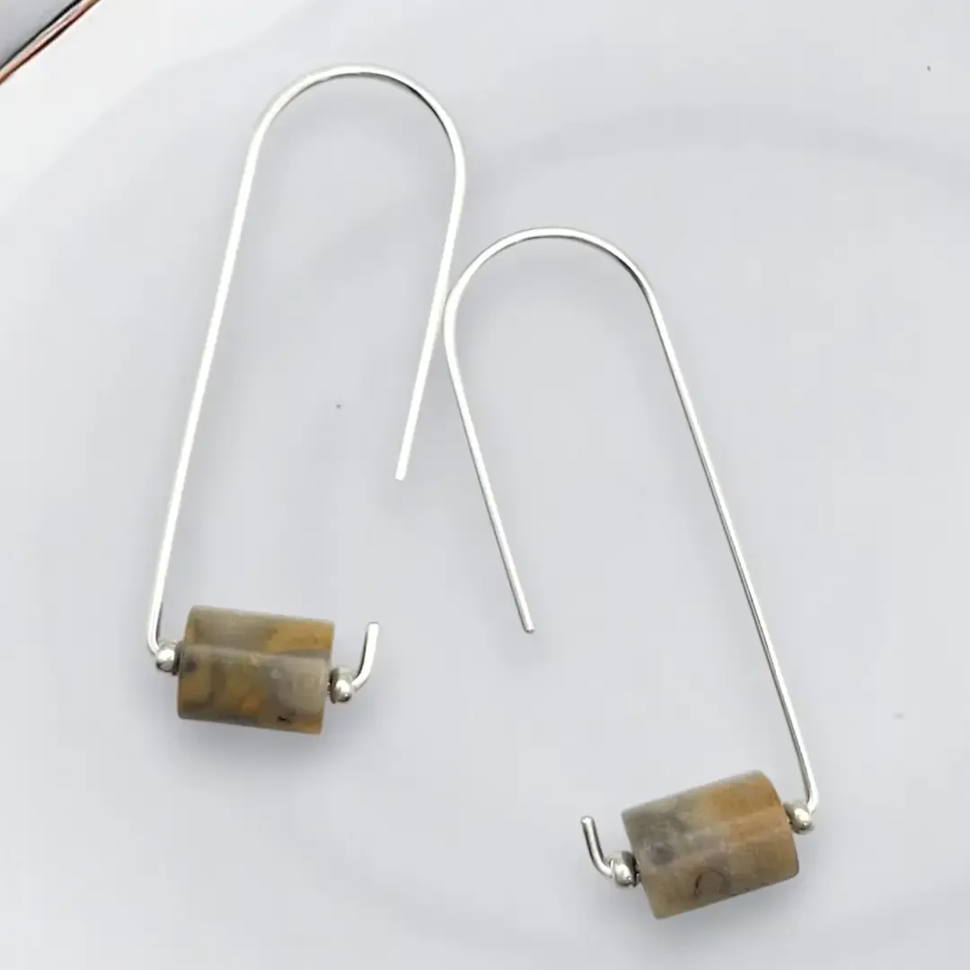Crazy Lace Agate Silver Arc Threader Earrings